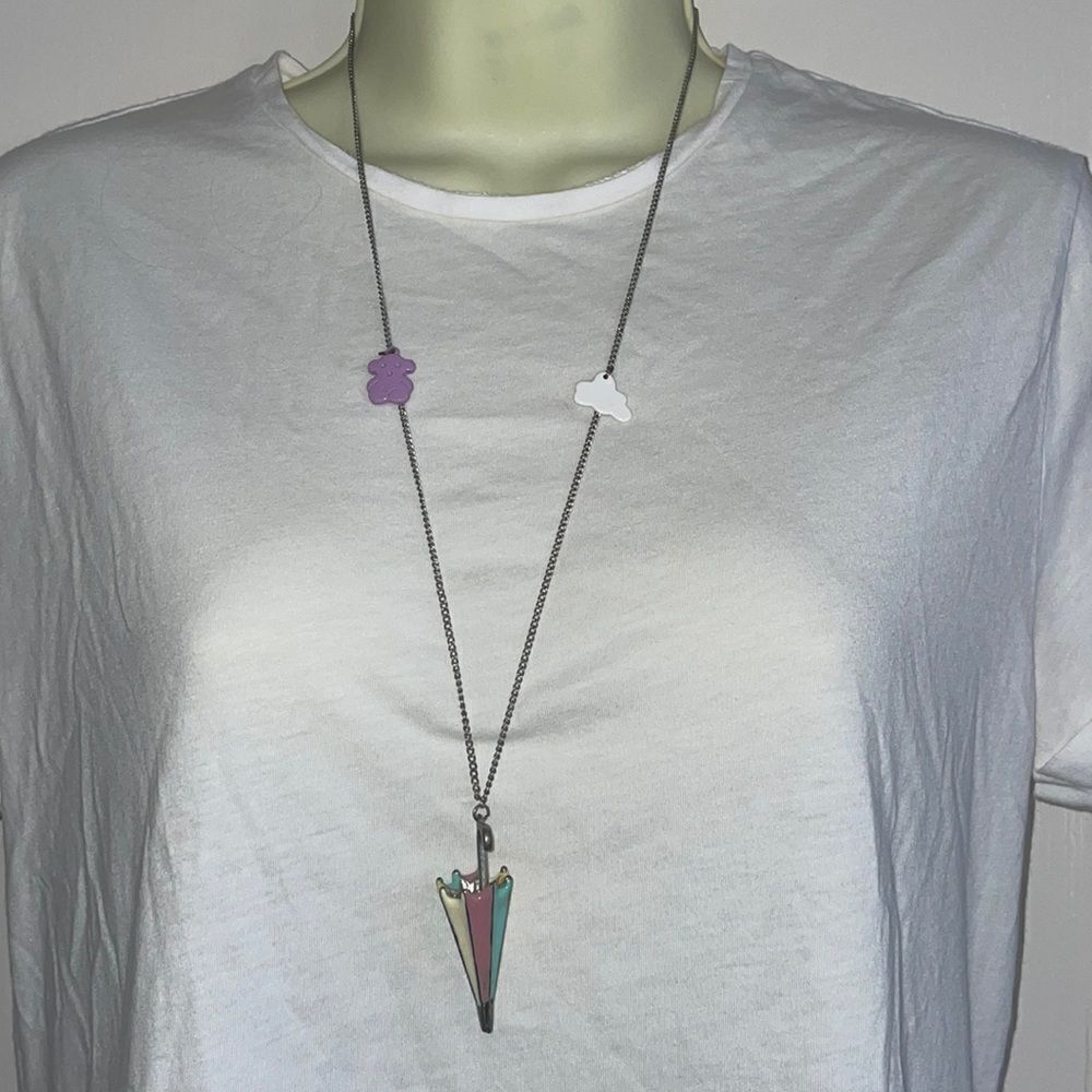 Silver tone necklace with pastel enamel painted umbrella pendant